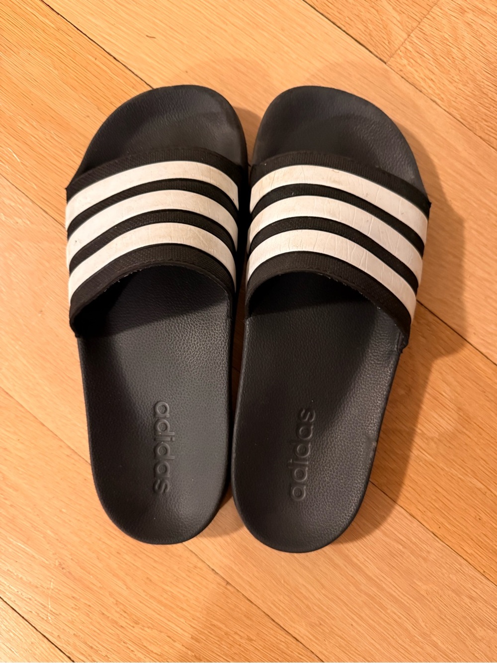 adidas Kids Black Slide Sandals with White Stripes